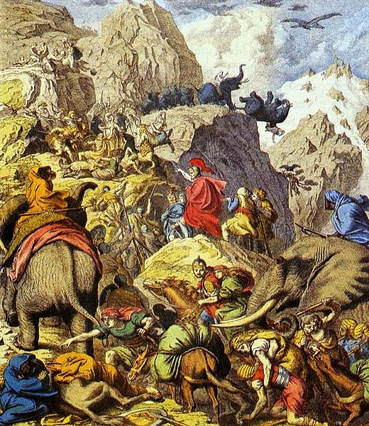 Hannibal überquert mit seinen Kampfelefanten die Alpen _ Quelle unbekannt (c) wikicommons